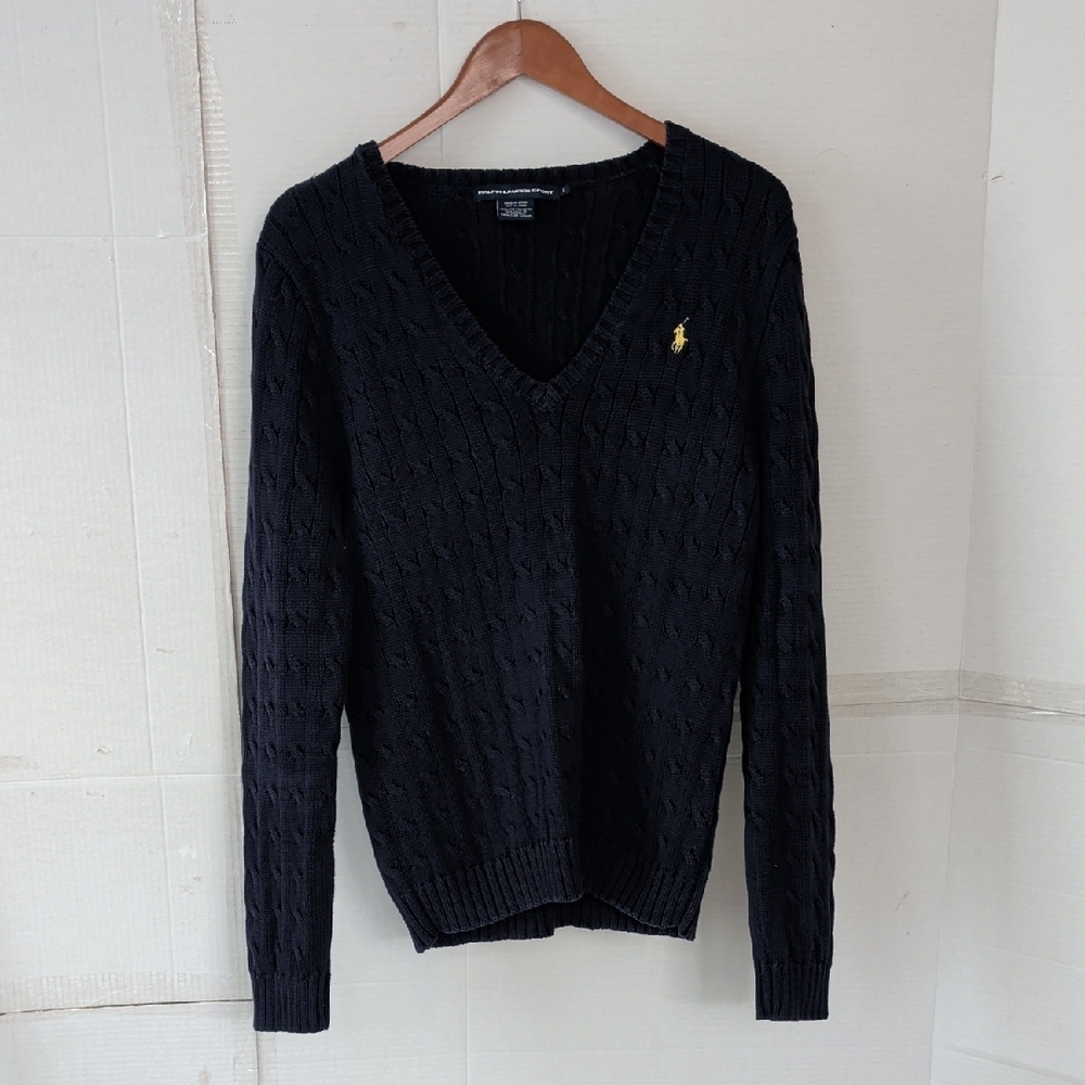 Ralph Lauren Navy V-Neck Sweater  Yellow Logo SZ XL Women Casual Old Money Chic